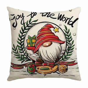 1pc, Christmas Pillow Cover, Joy To The World Gnome Linen Blend Single Sided Pri